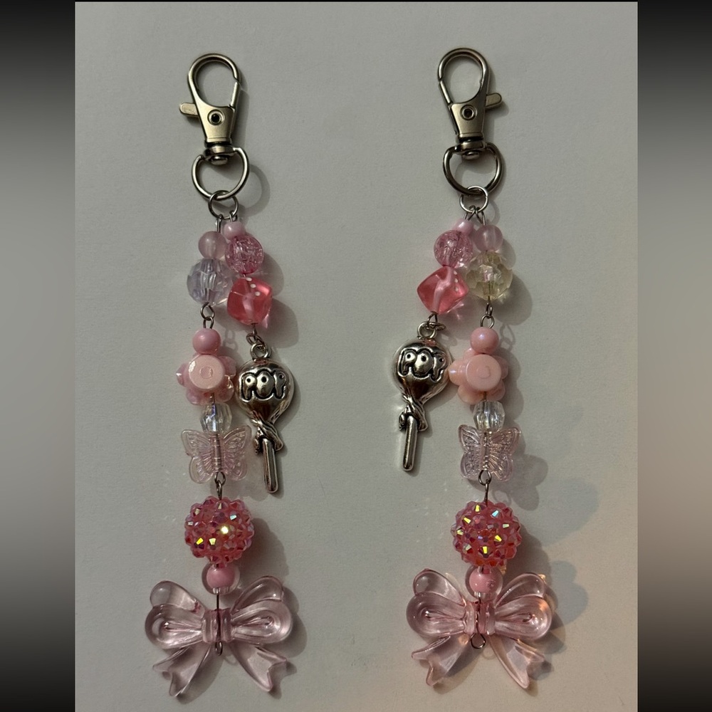 Pink Beaded Keychain with Silver Accents